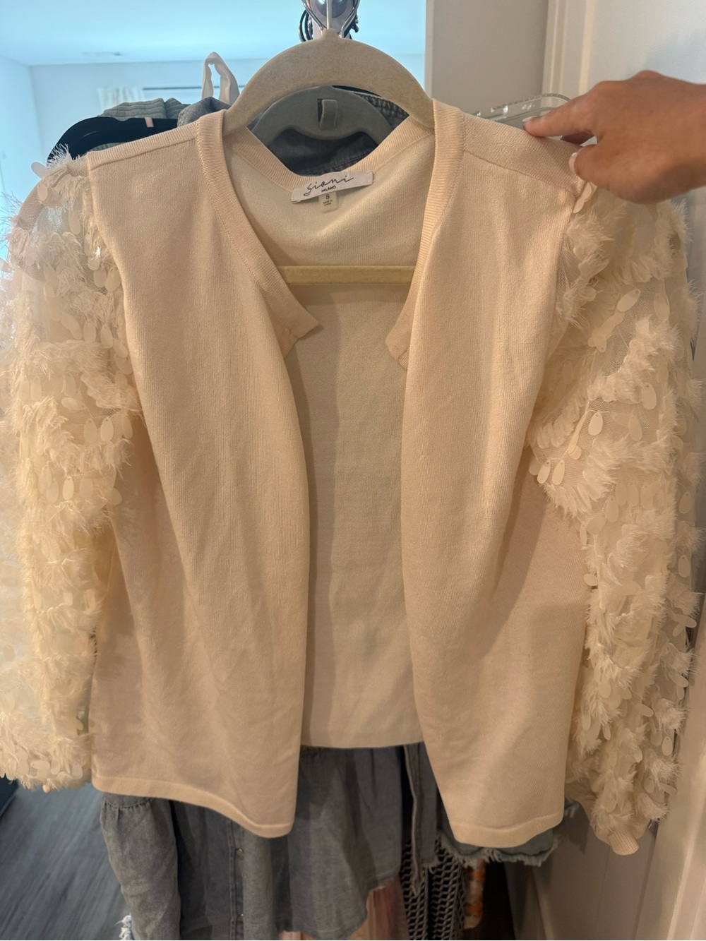Cream Open-Front Cardigan with Petal Sequin Sleeves